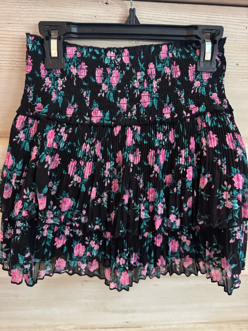 Katie J Girls Black Floral Smocked Mini Skirt with Pink Roses